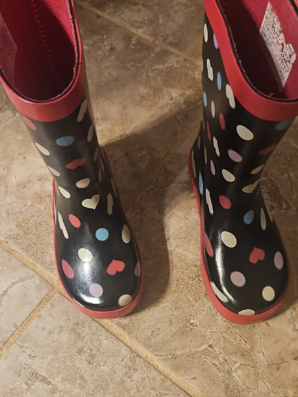 Girls' Black Polka Dot Rain Boots with Pink Trim